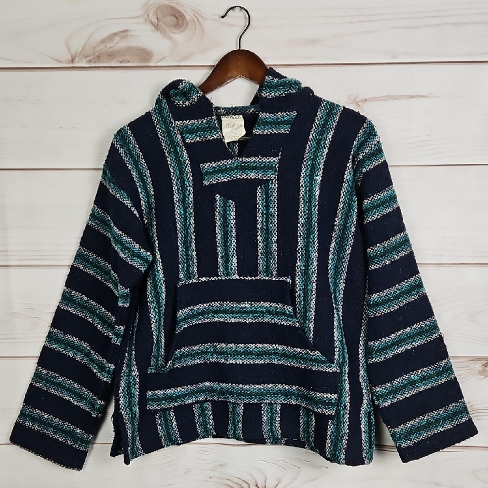 Frank's Textiles Navy Green & Teal Baja Woven Boho Style Hoodie Pullover - Small